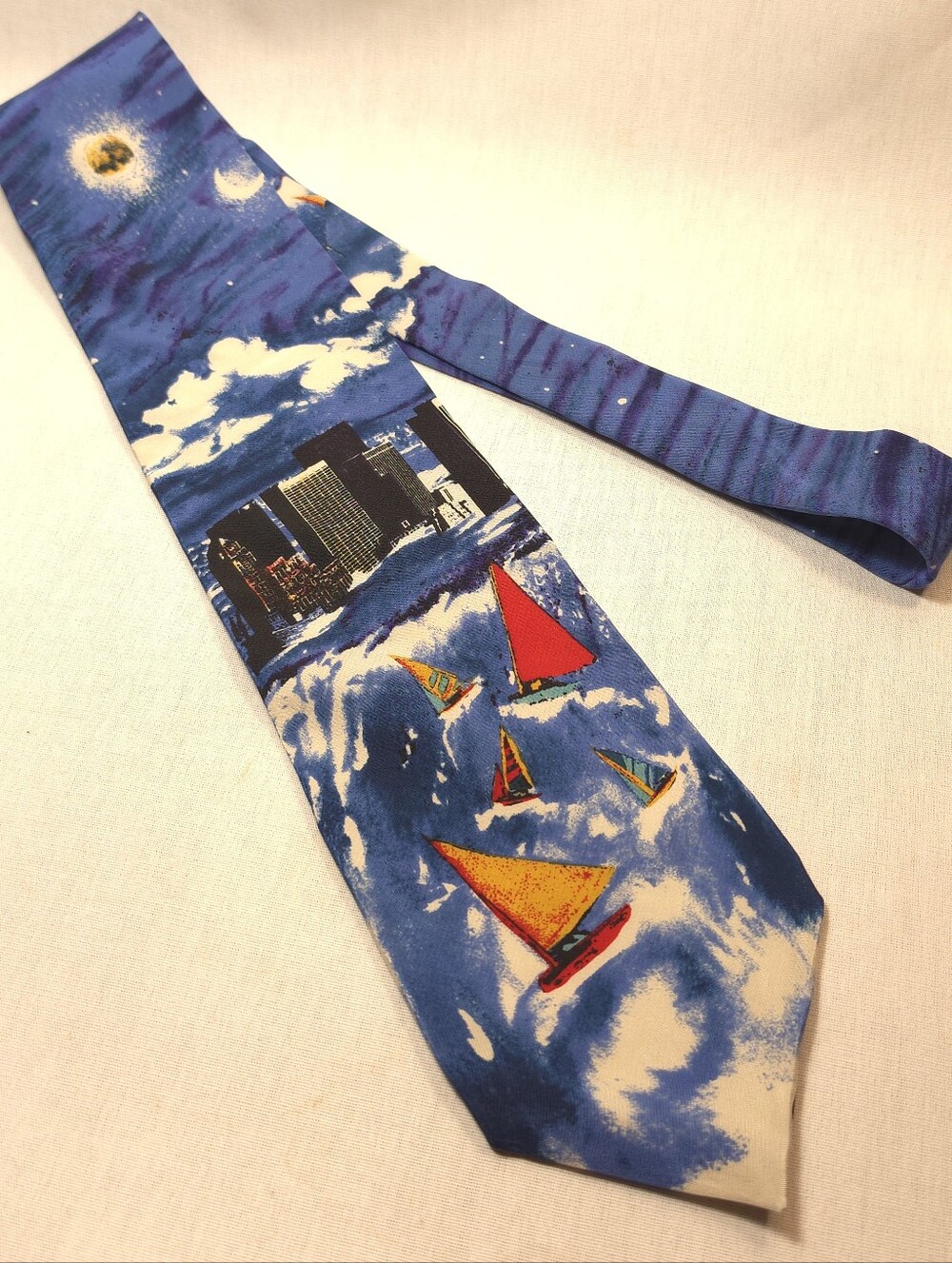 Je Suis Blue Cityscape Silk Tie with Sailboat Motif